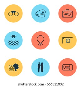 Tourism Icons Set. Collection Of Trip Access, Surf-Board, Security Baggage And Other Elements. Also Includes Symbols Such As Baggage, Pointer, Sunrise.