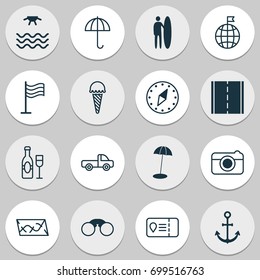 Tourism Icons Set. Collection Of Trip Access, Ship Hook, Cardinal Direction And Other Elements. Also Includes Symbols Such As Street, Compass, Flag.