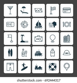 Tourism Icons Set. Collection Of Yacht, Security Baggage, Surf-Board And Other Elements. Also Includes Symbols Such As Credit, Trip, Surfer.