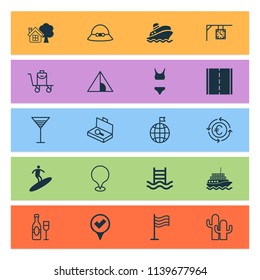 Tourism icons set with euro exchange, bag on cart, camera and other camping house elements. Isolated vector illustration tourism icons.