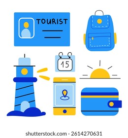 Tourism icons set, flat vector style, travel essentials, backpack, lighthouse, calendar, mobile map, wallet, summer vacation, adventure icons, UI design, trip planning, infographic