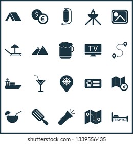Tourism icons set with ice cream, oxygen cylinder, the mountains and other guidance elements. Isolated vector illustration tourism icons.