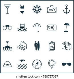 Tourism icons set with marker, woman cap, first aid bag and other summer glasses elements. Isolated vector illustration tourism icons.