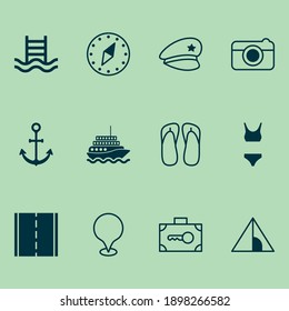Tourism icons set with motor ship, road, swimming pool and other cardinal direction elements. Isolated vector illustration tourism icons.