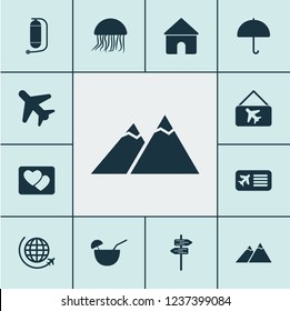 Tourism icons set with parasol, picture airplane, house and other flight elements. Isolated vector illustration tourism icons.