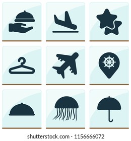 Tourism icons set with plane landing, jellyfish, waiter wheel marker elements. Isolated vector illustration tourism icons.