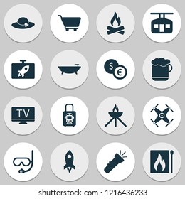 Tourism icons set with rocket, bathroom, underwater mask and other lab elements. Isolated vector illustration tourism icons.