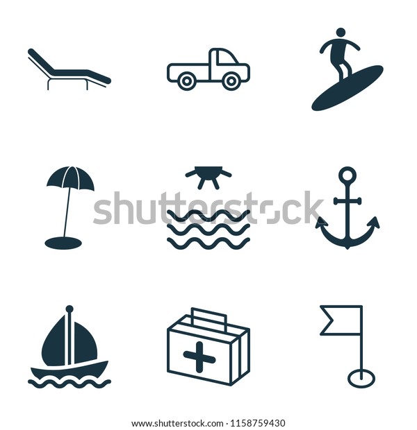 Tourism icons set with sea, beach chair, beach\
umbrella and other boardsports elements. Isolated vector\
illustration tourism\
icons.