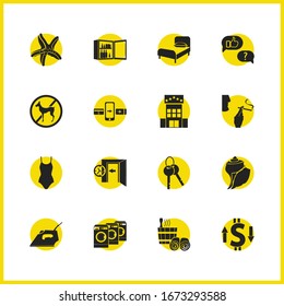 Tourism icons set with seashell, one piece swimsuit and no animals elements. Set of tourism icons and change money concept. Editable vector elements for logo app UI design.