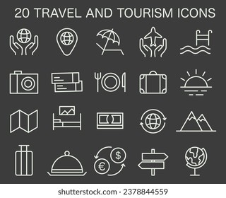 Tourism icons set. Simple symbols for traveling the world seeing attractions and cultural heritage. Traveler booking a hotel and packing a baggage. Active lifestyle. Flat vector illustration
