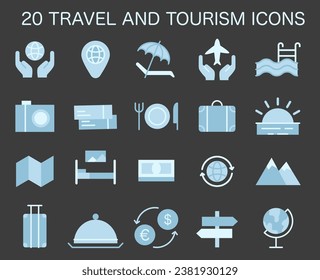 Tourism icons set. Simple symbols for traveling the world seeing attractions and cultural heritage. Traveler booking a hotel and packing a baggage. Active lifestyle. Flat vector illustration