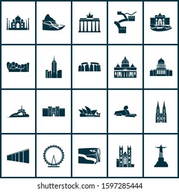 Tourism Icons Set With Stonehenge, Berlin Wall, Brandenburg Gate Architecture Elements. Isolated Vector Illustration Tourism Icons.