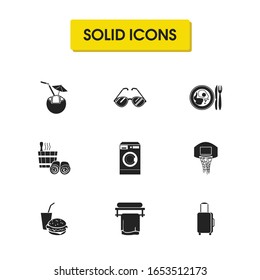 Tourism icons set with suitcase, fast food and meal elements. Set of tourism icons and eyeglasses concept. Editable vector elements for logo app UI design.