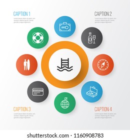 Tourism icons set with surfer, search luggage, visited country and other basin ladder elements. Isolated vector illustration tourism icons.