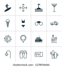 Tourism icons set with surfing, travel ticket, navigation and other boardsports elements. Isolated vector illustration tourism icons.