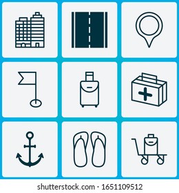 Tourism icons set with travel bag, thongs, camera and other slipper elements. Isolated vector illustration tourism icons.