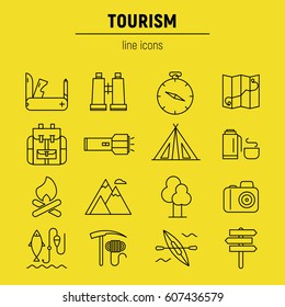 Tourism icons set. Vector flat line illustrations.