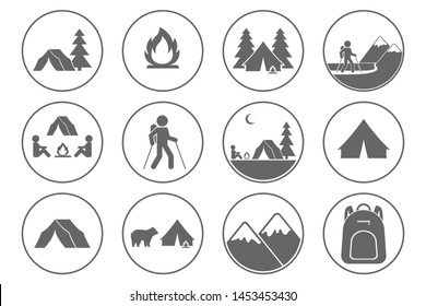 Tourism icons. Trekking, hiking, mountaineering, backpacking, camping symbols. Vector.