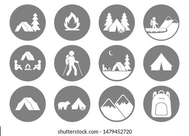 Tourism icons. Trekking, hiking, mountaineering, backpacking, camping symbols. Vector.
