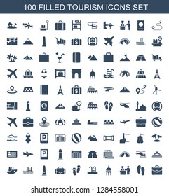 tourism icons. Trendy 100 tourism icons. Contain icons such as case, flip flops, pass control, mosque, swimming pool, camera case, monument, pool. tourism icon for web and mobile.