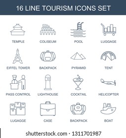 tourism icons. Trendy 16 tourism icons. Contain icons such as temple, Coliseum, pool, luggage, Eiffel Tower, backpack, pyramid, tent, pass control. tourism icon for web and mobile.