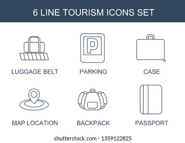 tourism icons. Trendy 6 tourism icons. Contain icons such as luggage belt, parking, case, map location, backpack, passport. tourism icon for web and mobile.