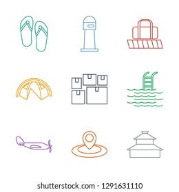 tourism icons. Trendy 9 tourism icons. Contain icons such as temple, map location, helicopter, pool, lugagge, tent, luggage belt, lighthouse. tourism icon for web and mobile.