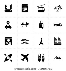 Tourism icons. vector collection filled tourism icons. includes symbols such as passport, car pin, flip flops, boat, flip-flops, plane. use for web, mobile and ui design.