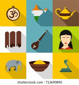 Tourism in India icon set. Flat style set of 9 tourism in India vector icons for web design