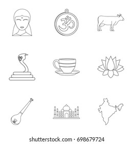 Tourism in India icon set. Outline style set of 9 tourism in India vector icons for web isolated on white background