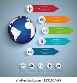 Tourism infographic elements set with world map travel by boat, car, plane and bicycle destinations vector illustration