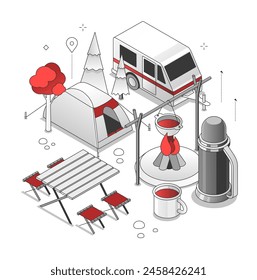 Tourism - isometric black and red line illustration. Clean, stylish art with thin fine design. Out-of-town rest in a forest or in a protected area with a tent. Forest, vacation, house on wheels