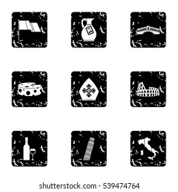 Tourism in Italy icons set. Grunge illustration of 9 tourism in Italy vector icons for web