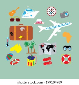 Tourism and journey objects and passenger luggage. Isolated on stylish background.