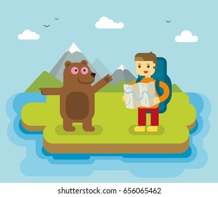 tourism kamchatka rock grass tree clouds sea lake map tourist bear in the mountain kamchatka background wallpaper flat illustration wildlife health traveling photograph