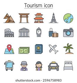 Tourism and Landmark icon set in color line style