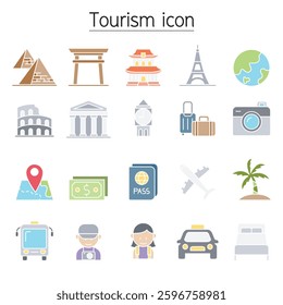Tourism and Landmark icon set in flat color style