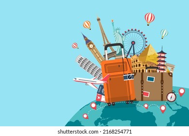 tourism landmarks with luggage and planes. travel famous around the world. road trip holiday vacation conept. Airplane tourism fly on earth. vector illustration in flat style.