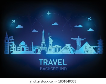 tourism and landmarks on blue background. vector illustration in flat style modern design. Major tourist destinations the world. Rest and travel concept.