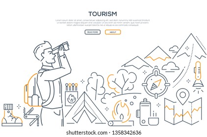 Tourism - line design style vector web banner on white background with copy space for text. Composition with young man, boy looking at mountains with binocular, tent, map, compass, camping equipment