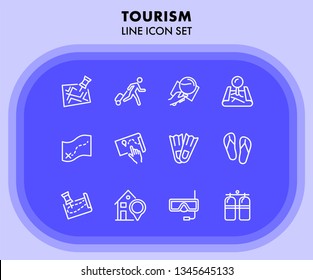 Tourism line icon set. Set of line icons on white background. Travelling concept. Diving mask, map, aqualung. Vector illustration can be used for topics like travelling, tourism, trip
