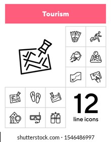 Tourism line icon set. Set of line icons on white background. Travelling concept. Diving mask, map, aqualung. Vector illustration can be used for topics like travelling, tourism, trip
