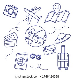 Tourism line icon set. Passport, plane, earth, map, tickets, hat, luggage, glasses, camera, credit card. Vector illustration on the white background.