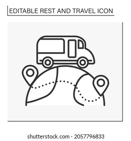Tourism line icon. Travel house bus for international journey. Movement from one country to another. Comfortable temporary house. Rest and travel concept. Isolated vector illustration. Editable stroke