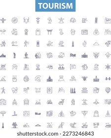 Tourism line icons, signs set. Travel, Sightseeing, Holiday, Vacation, Adventure, Hotels, Exploring, Trips, Excursions outline vector illustrations.