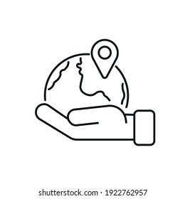 Tourism linear icons set. Holiday travel, vacation trip. Tour agency service. Earth with hand vector illustration. Editable stroke