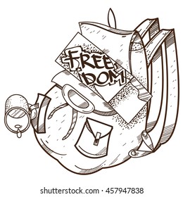 Tourism logo. Camping backpack. Illustration for coloring.
