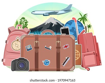 Tourism. Luggage suitcases. Plane. Traveling around the world. Design concept. Postcard, banner. Isolated. Travel and adventure elements with bags, globe, smartphone for a fun vacation. Vector