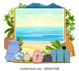 Tourism. Luggage suitcases. Traveling around the world. Design concept. Sea. Postcard, banner. Isolated. Travel and adventure elements with bags, globe, smartphone for a fun vacation. Vector