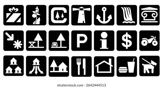 Tourism and Map Icon Set – Camping, Restaurant, Parking, Waterfall, Lighthouse, ATM, Gift Shop, Tower, Lodging, Pet Area, Information Symbols – Vector Collection